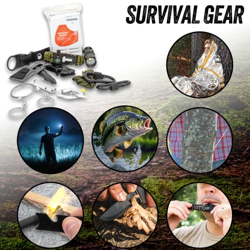 Survival gear included and its uses.